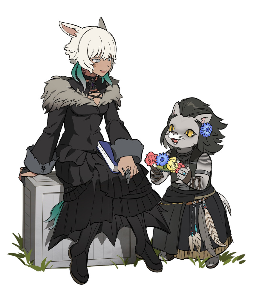 animal_ears animal_nose arm_support armlet black_choker black_dress black_footwear black_hair black_skirt body_fur book book_on_lap boots bracer brooch cat_boy cat_ears chibi choker claw_ring commentary crate dress eye_contact facial_mark fangs feather_hair_ornament feathers final_fantasy final_fantasy_xiv flower flower_wreath full_body fur-trimmed_dress fur_trim furry furry_male giving gloves grey_eyes grey_fur grey_shirt hair_flower hair_ornament highres holding holding_wreath hrothgar jewelry layered_dress long_sleeves looking_at_another miqo'te neck_tattoo open_mouth partially_fingerless_gloves ring runar sandals shirt short_hair simple_background single_glove sitting size_difference skirt slit_pupils smile standing symbol-only_commentary tattoo whiskers white_background white_hair wuliu_heihuo y'shtola_rhul yellow_eyes