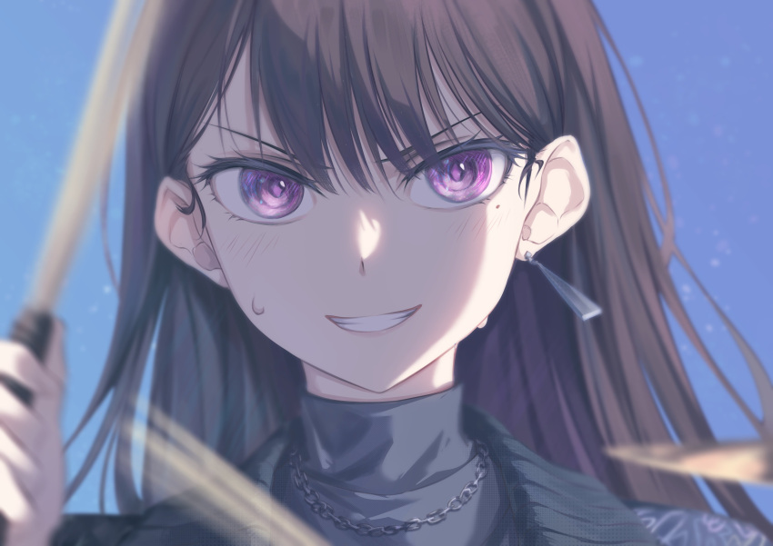 1girl absurdres afterimage bang_dream! bang_dream!_it's_mygo!!!!! blue_background blush chain_necklace clenched_teeth commentary drumsticks earrings hair_between_eyes highres holding holding_drumsticks jewelry long_hair looking_at_viewer mole mole_under_eye necklace portrait raito_taisha shiina_taki solo teeth violet_eyes