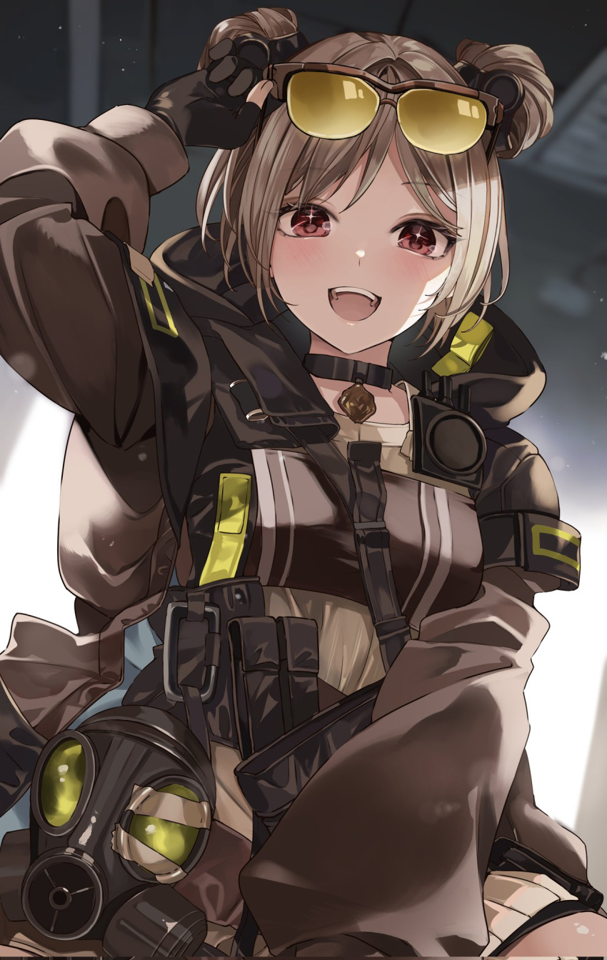 1girl black_choker black_gloves blush brown_jacket choker commentary_request commission corrupted_twitter_file double_bun eyewear_on_head gas_mask girls_frontline gloves hair_bun hand_up highres hood hooded_jacket jacket light_brown_hair looking_at_viewer mask open_clothes open_jacket p90_(girls'_frontline) partially_fingerless_gloves pouch red_eyes short_hair shunka_tunacan skeb_commission smile solo sunglasses teeth upper_body upper_teeth_only