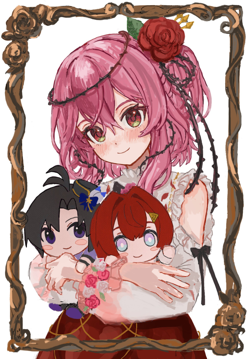 absurdres ange_katrina b_nosk101 black_hair blush character_request chibi clothing_cutout commission commissioner_upload english_commentary flower hair_flower hair_ornament highres holding_chibi medium_hair multicolored_eyes nijisanji nijisanji_en picture_frame pink_hair plant red_eyes red_flower red_rose redhead rose rosemi_lovelock shoulder_cutout smile thorns vines violet_eyes virtual_youtuber