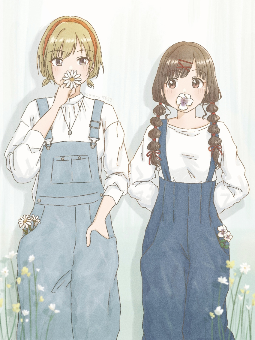 2girls arms_behind_back blonde_hair blue_overalls blush brown_hair flower hair_ribbon hand_in_pocket highres holding holding_flower idolmaster idolmaster_shiny_colors komoro7857 mouth_hold multi-tied_hair multiple_girls overalls ribbon saijo_juri shirt short_twintails sonoda_chiyoko standing twintails white_flower white_shirt