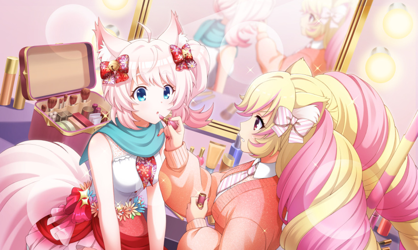 2girls :o ahoge animal_ear_fluff animal_ears applying_makeup applying_makeup_on_another artist_request bell blonde_hair blue_eyes blue_scarf bow cardigan cat_ears cosmetics drill_hair fox_ears fox_girl fox_tail hair_bell hair_bow hair_ornament holding holding_lipstick_tube howan_(show_by_rock!!) indoors lens_flare lipstick lipstick_tube long_hair looking_at_another makeup makeup_brush mashima_himeko_(show_by_rock!!) mirror multicolored_hair multiple_girls necktie official_art pink_cardigan pink_hair pink_nails pink_necktie pink_skirt red_eyes scarf shirt short_hair show_by_rock!! side_ponytail skirt sleeveless sleeveless_shirt sparkle tail third-party_source twin_drills two-tone_hair white_shirt