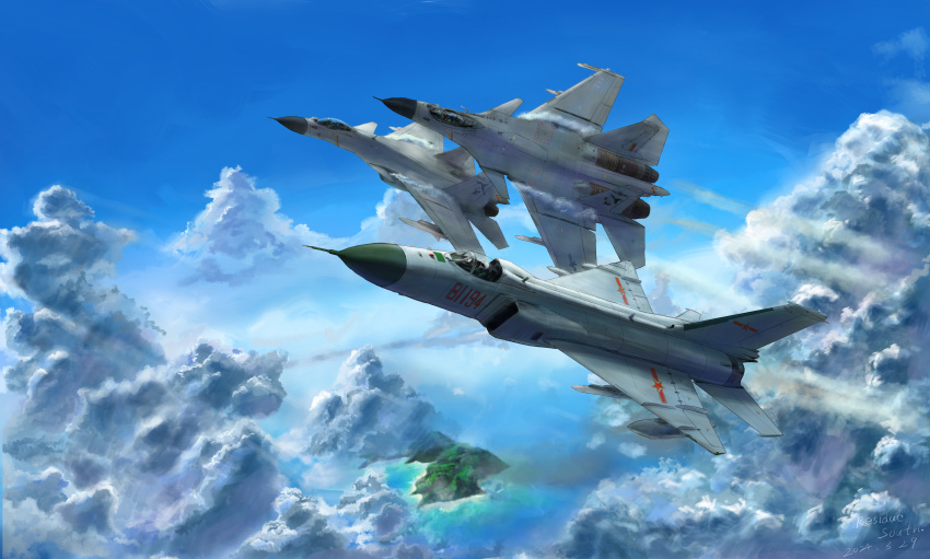 absurdres aircraft airplane chinese_commentary clouds cloudy_sky fighter_jet ground_effect highres impasto island j-15 j-8 jet military_vehicle no_humans ocean original people's_liberation_army people's_liberation_army_air_force red_star scenery sky star_(symbol) vehicle_focus zhannanren_bu_zhan