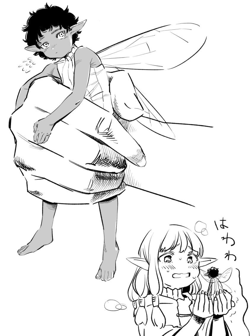 1boy 1girl alternate_species bare_arms bare_shoulders barefoot blush cupping_hands dark-skinned_male dark_skin dungeon_meshi elf fairy fairy_(dungeon_meshi) fairy_wings flying_sweatdrops highres holding_miniperson in_palm kabru long_hair looking_at_another looking_at_viewer low-tied_long_hair milsiril_(dungeon_meshi) mini_person miniboy multiple_views own_hands_together pointy_ears short_hair sibelius size_difference sleeveless sweat wings