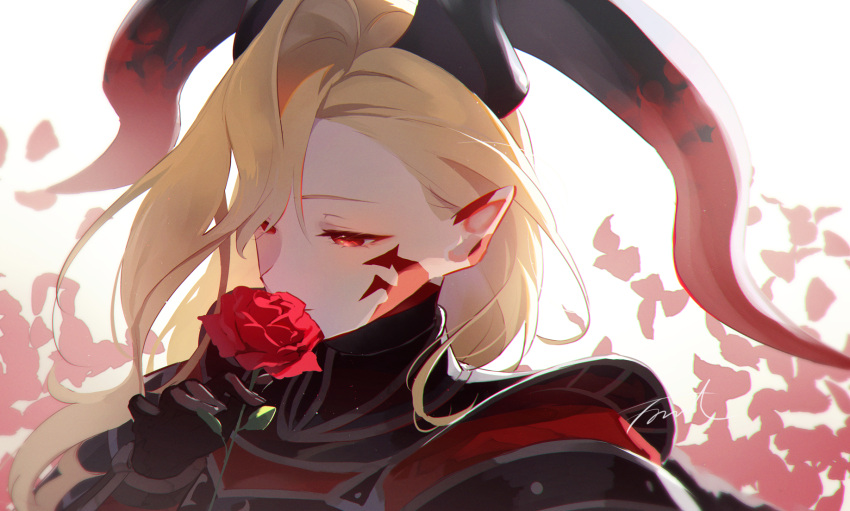 1girl armor armored_bodysuit black_armor black_bodysuit black_gloves black_horns blonde_hair bodysuit dragon_horns facial_mark fate/grand_order fate_(series) flower fomnant gloves hair_over_one_eye highres holding horns long_hair long_horns nero_claudius_(fate) pointy_ears portrait queen_draco_(fate) queen_draco_(third_ascension)_(fate) red_eyes red_flower red_rose red_scales rose shoulder_plates smelling smelling_flower smile solo