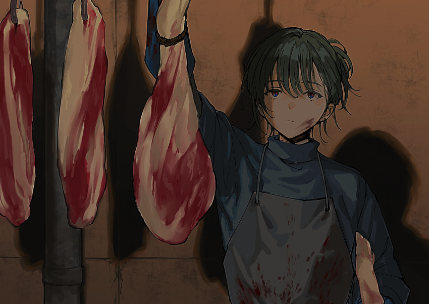 1boy apron arm_up bishounen black_apron blood blood_on_face blue_shirt blunt_bangs butcher closed_mouth dark dm_owr expressionless food green_hair highres looking_up male_focus meat original red_eyes shadow shirt short_hair short_ponytail solo upper_body