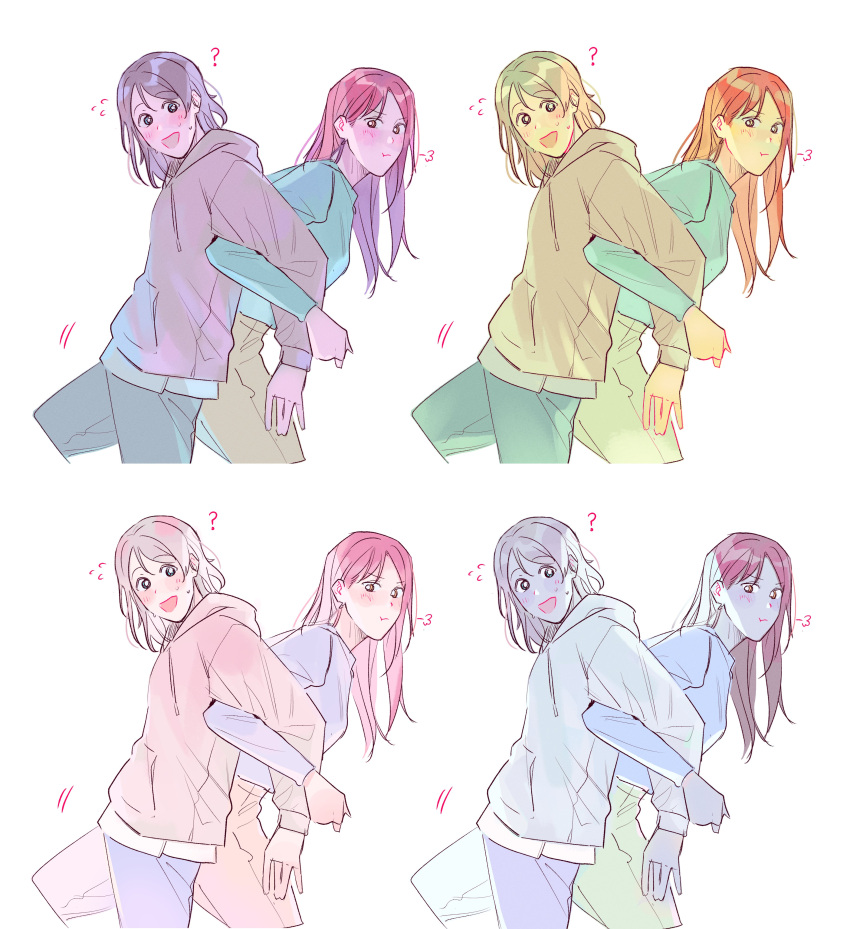2girls ? absurdres back-to-back blue_eyes blue_shirt blush brown_eyes closed_mouth commentary_request drawstring flying_sweatdrops grey_hair grey_hoodie highres hood hoodie korean_commentary locked_arms long_hair long_sleeves looking_at_viewer love_live! love_live!_sunshine!! medium_hair motion_lines multiple_girls mumuir0315 open_mouth puff_of_air redhead sakurauchi_riko shirt simple_background sweat sweatdrop watanabe_you white_background