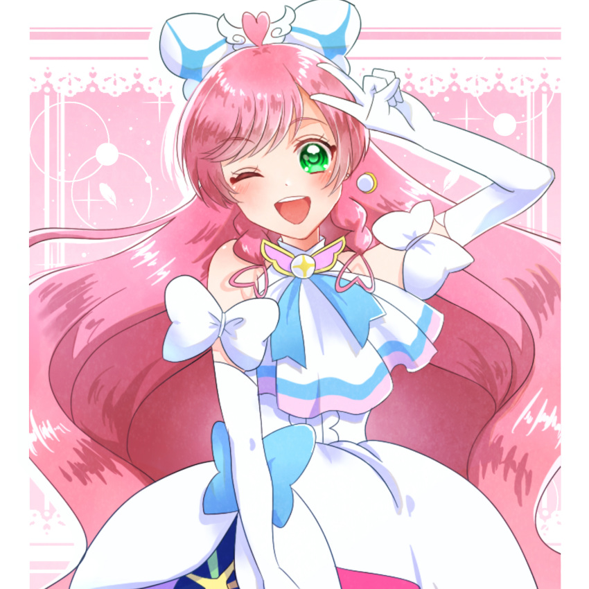 1girl ascot bow braided_sidelock brooch cure_prism cut_bangs detached_sleeves dress dress_bow earrings elbow_gloves glove_bow gloves green_eyes hair_bow hair_ornament highres hirogaru_sky!_precure jewelry long_hair looking_at_viewer magical_girl nijigaoka_mashiro one_eye_closed open_mouth pink_hair precure puffy_detached_sleeves puffy_sleeves smile solo tanshi_tanshi upper_body v very_long_hair white_ascot white_bow white_dress white_gloves wing_brooch wing_hair_ornament