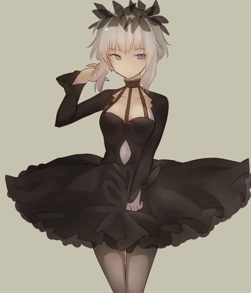 1girl am_isuel black_dress breasts cleavage_cutout clothing_cutout dress head_wreath highres layered_dress lolita_fashion long_sleeves navel_cutout pantyhose rance_(series) short_hair_with_long_locks sidelocks simple_background small_breasts solo white_hair yononaka
