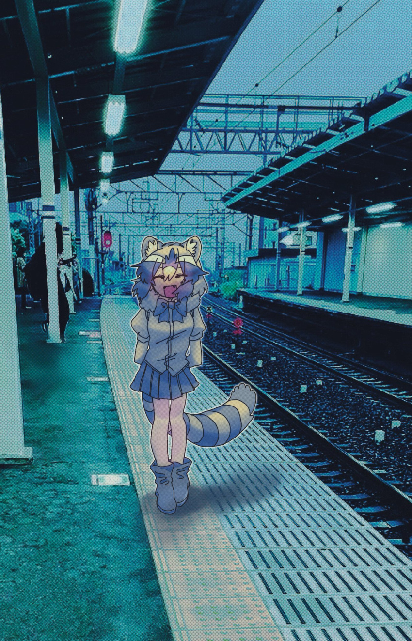 1girl :d animal_ears arms_behind_back bad_id bad_twitter_id blue_skirt boots common_raccoon_(kemono_friends) facing_viewer fang fur_collar grey_hair grey_shirt highres inactive_account jmeysan kemono_friends lamp multicolored_hair open_mouth outdoors overhead_line photo_background pleated_skirt power_lines raccoon_ears raccoon_tail railroad_tracks shirt short_hair short_sleeves skirt smile solo standing striped_tail tactile_paving tail train_station train_station_platform