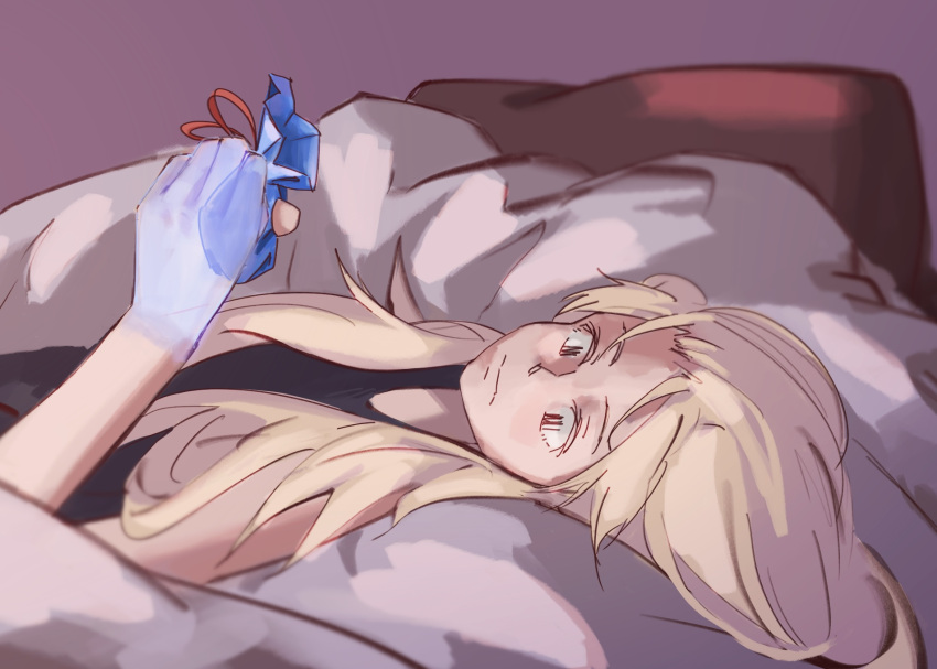 1girl bare_arms black_tank_top blonde_hair closed_mouth commentary egakuning english_commentary gift highres holding holding_gift indoors long_hair lying nishina_toriko on_back on_bed solo tank_top transparent_hand urasekai_picnic