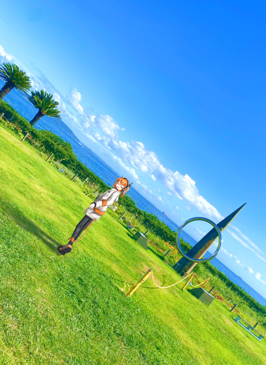 1girl 828_727 a.i._voice adachi_rei black_leggings blue_sky cable clouds day dutch_angle gloves grass hair_ribbon headlamp headphones highres horizon jacket kannonzaki_park leggings long_sleeves looking_back medium_hair monument ocean one_side_up open_mouth orange_hair outdoors palm_tree photo_background radio_antenna ribbon scenery shoes sky smile solo standing tree utau white_gloves white_jacket wide_shot