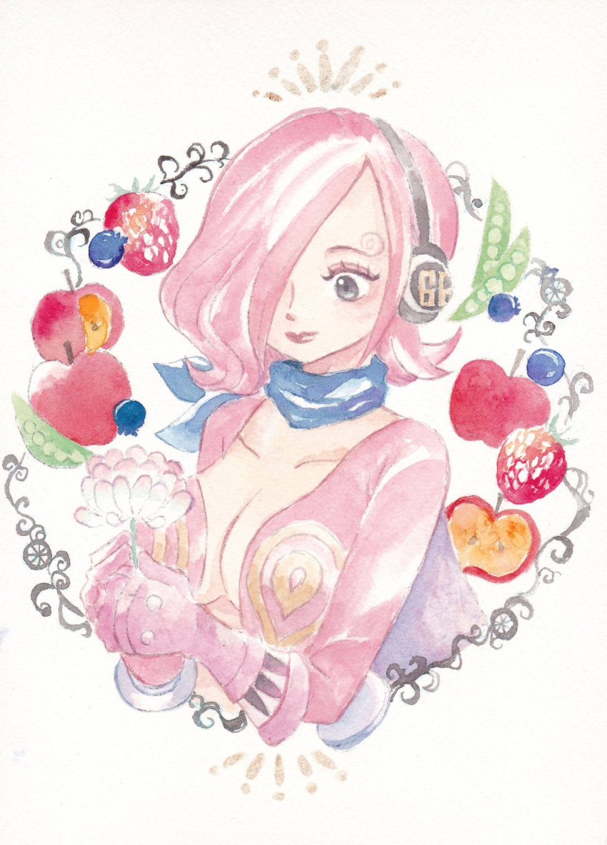 1girl absurdres apple blue_neckerchief commentary_request curly_eyebrows flower food fruit gloves hair_over_one_eye highres holding holding_flower looking_down neckerchief one_piece pink_gloves pink_hair plunging_neckline short_hair simple_background solo strawberry upper_body vinsmoke_reiju yachiy0