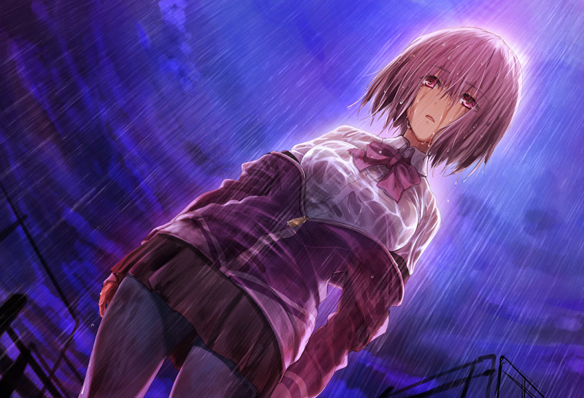 1girl bow bowtie clouds collared_shirt commentary_request expressionless gridman_universe jacket looking_at_viewer miniskirt outdoors pantyhose parted_lips pink_eyes pink_hair rain shinjou_akane shirt short_hair skirt sky solo ssss.gridman ueda_metawo wet wet_clothes wet_hair