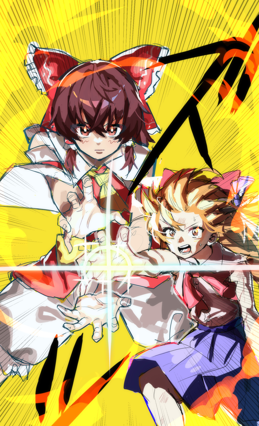 2girls absurdres ascot bangs_blown_up blush bow brown_eyes brown_hair brown_horns closed_mouth cookie_(touhou) dragon_ball dragon_ball_z father-son_kamehameha feet_out_of_frame frilled_bow frilled_hair_tubes frills hair_between_eyes hair_bow hair_tubes hakurei_reimu highres horns ibuki_suika japanese_clothes kamehameha_(dragon_ball) kanna_(cookie) long_bangs looking_at_viewer medium_hair miko multiple_girls oni open_mouth orange_hair red_bow red_shirt scene_reference shirt short_hair shorts simple_background smoke sound_effects sparkle speed_lines spiky_hair tirano_tenchou touhou v-shaped_eyebrows white_shorts yamin_(cookie) yellow_ascot yellow_background