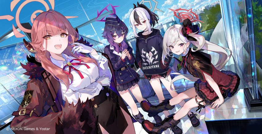 4girls aru_(blue_archive) black_footwear black_hair black_skirt blue_archive boots closed_mouth collar collared_shirt demon_horns fuzichoco gloves hair_between_eyes halo haruka_(blue_archive) highres horns kayoko_(blue_archive) long_hair long_sleeves looking_at_viewer multicolored_hair multiple_girls mutsuki_(blue_archive) official_art open_mouth outdoors pointy_ears ponytail problem_solver_68_(blue_archive) red_eyes red_ribbon redhead ribbon shirt short_hair_with_long_locks side_ponytail sitting skirt smile standing streaked_hair teeth upper_teeth_only violet_eyes white_collar white_gloves white_hair white_shirt yellow_eyes