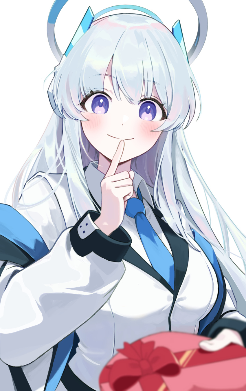 1girl 92abe1 absurdres blue_archive blue_necktie blush box breasts closed_mouth collared_shirt gift gift_box grey_hair halo highres holding holding_gift jacket large_breasts long_hair long_sleeves looking_at_viewer mechanical_halo necktie noa_(blue_archive) shirt simple_background smile solo two-sided_fabric two-sided_jacket violet_eyes white_background white_jacket white_shirt