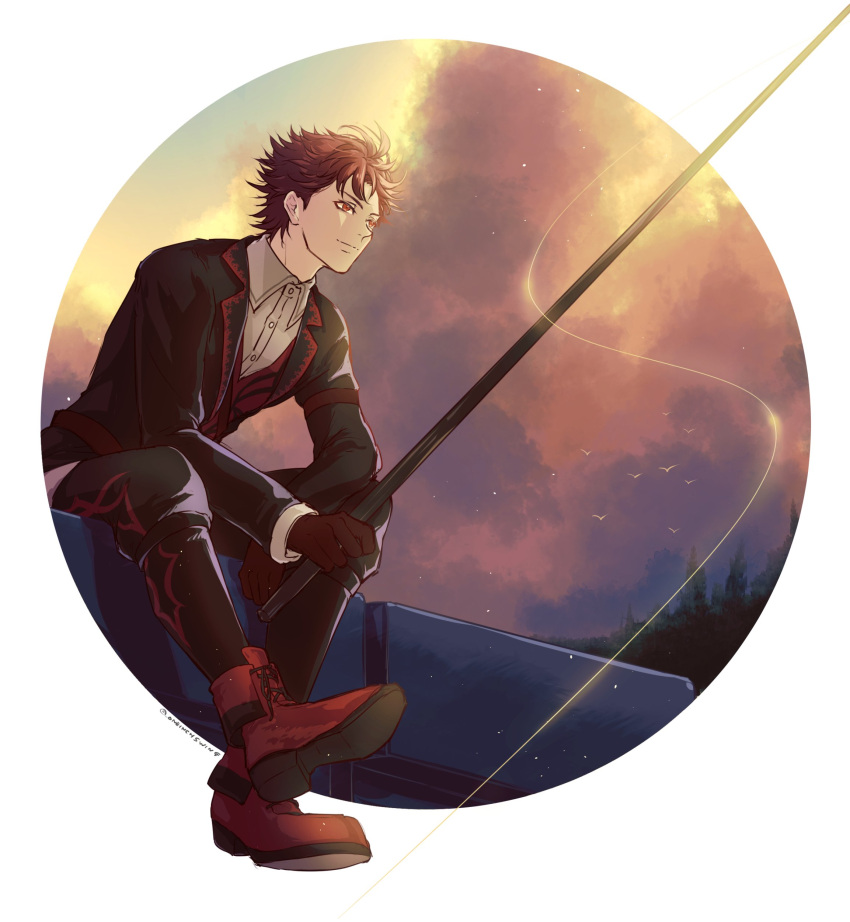 1boy absurdres black_pants diamant_(fire_emblem) fire_emblem fire_emblem_engage fishing_rod highres holding holding_fishing_rod male_focus official_alternate_costume outdoors pants red_eyes red_footwear redhead umi_(_oneinchswing)