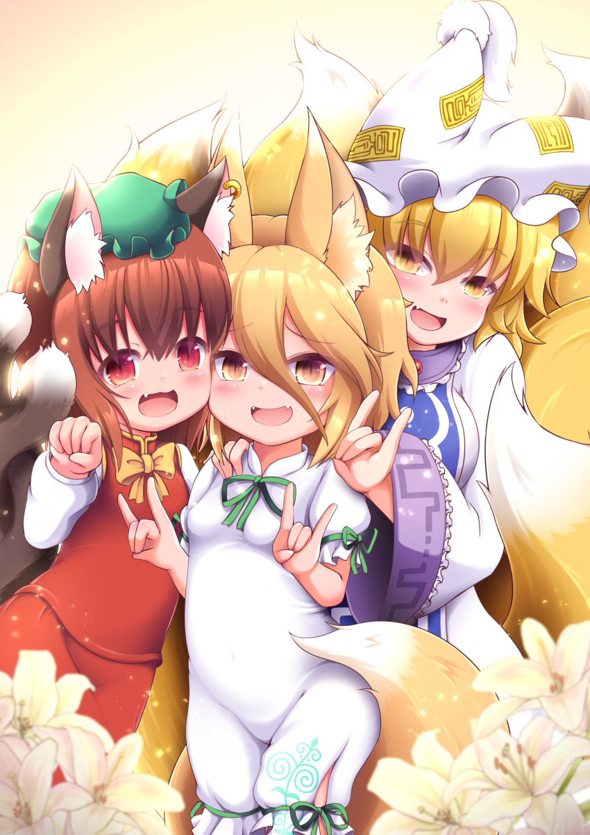 3girls :d animal_ear_fluff animal_ear_piercing animal_ears blonde_hair bloom blue_tabard blush bow bowtie breasts brown_eyes brown_hair cat_ears cat_tail chen commentary_request cowboy_shot double_fox_shadow_puppet earrings fang fangs flat_chest flower flower_request fox_ears fox_shadow_puppet fox_tail frills green_ribbon hair_between_eyes happy hat highres jewelry kudamaki_tsukasa large_breasts long_sleeves looking_at_viewer medium_hair mob_cap multiple_girls multiple_tails neko_usagi nekomata open_mouth paw_pose puffy_short_sleeves puffy_sleeves red_eyes red_skirt red_vest ribbon short_sleeves single_earring skin_fang skin_fangs skirt skirt_set slit_pupils small_breasts smile tabard tail touhou two_tails vest white_flower white_romper wide_sleeves yakumo_ran yellow_bow yellow_bowtie yellow_eyes