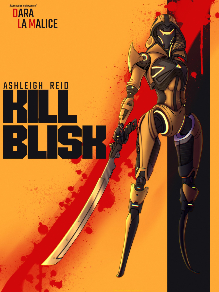 1girl absurdres apex_legends artist_name ash_(titanfall_2) assault_visor blood blood_splatter dara_la_malice english_commentary full_body highres holding holding_sword holding_weapon hood hood_up humanoid_robot kill_bill movie_poster parody robot simulacrum_(titanfall) solo stinger_ash sword title_parody weapon
