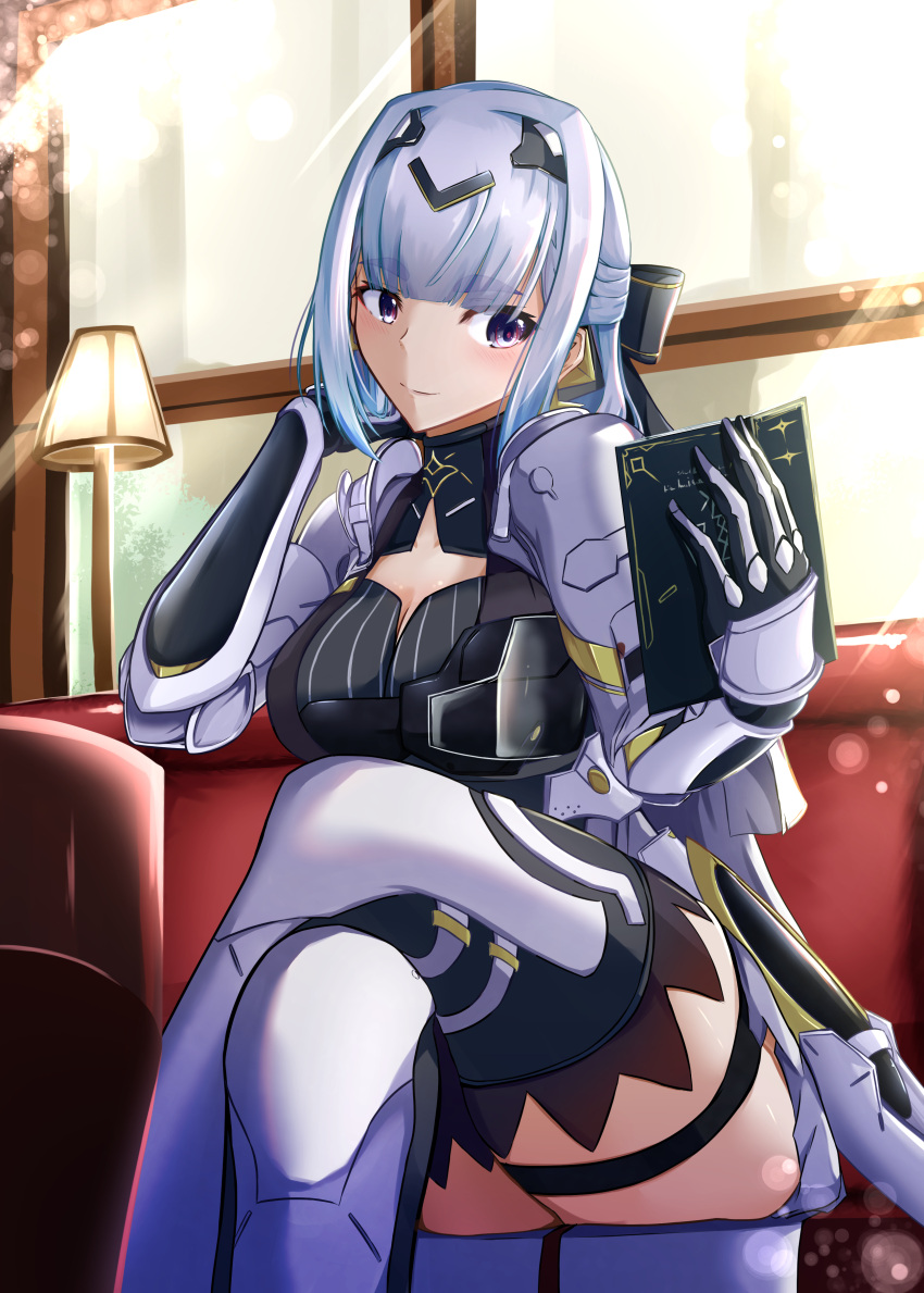 1girl absurdres alisa_(punishing:_gray_raven) black_bow black_dress bob_cut book bow breasts couch dress grey_hair hair_bow hair_intakes headgear highres holding holding_book indoors joints large_breasts littlesnow33 mechanical_arms mechanical_legs on_couch punishing:_gray_raven reading robot_joints sidelocks solo violet_eyes