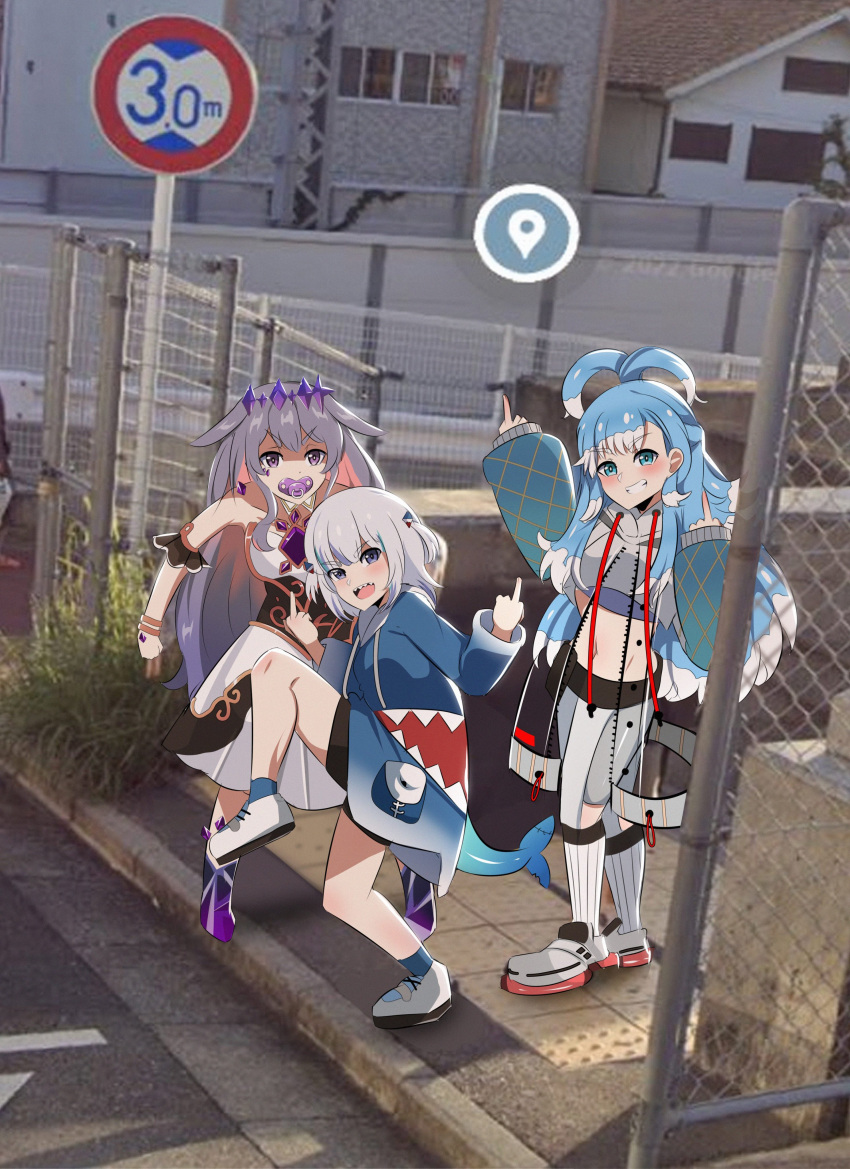 3girls absurdres animal_costume black_shorts blue_eyes blue_hair blue_hoodie blue_sleeves blush chain-link_fence chest_jewel circlet colored_inner_hair colored_shoe_soles colored_tips commentary day dress dvljoe fence fins fish_tail gawr_gura gawr_gura_(1st_costume) gem google_maps grey_hair grin hair_ornament hashtag-only_commentary high_ponytail high_school_girls_posing_for_google_street_view_(meme) highres hololive hololive_english hololive_indonesia hood hoodie kobo_kanaeru kobo_kanaeru_(1st_costume) koseki_bijou koseki_bijou_(1st_costume) long_hair long_sleeves looking_at_viewer medium_hair meme middle_finger multicolored_hair multiple_girls open_mouth outdoors pacifier photo_background puffy_long_sleeves puffy_sleeves purple_gemstone purple_hair shark_costume shark_girl shark_hair_ornament shark_tail sharp_teeth shoes shorts sidelocks sidewalk smile sneakers socks split_ponytail standing standing_on_one_leg tactile_paving tail teeth two-tone_hair very_long_hair violet_eyes virtual_youtuber wavy_hair white_dress white_footwear white_hair white_hoodie white_socks