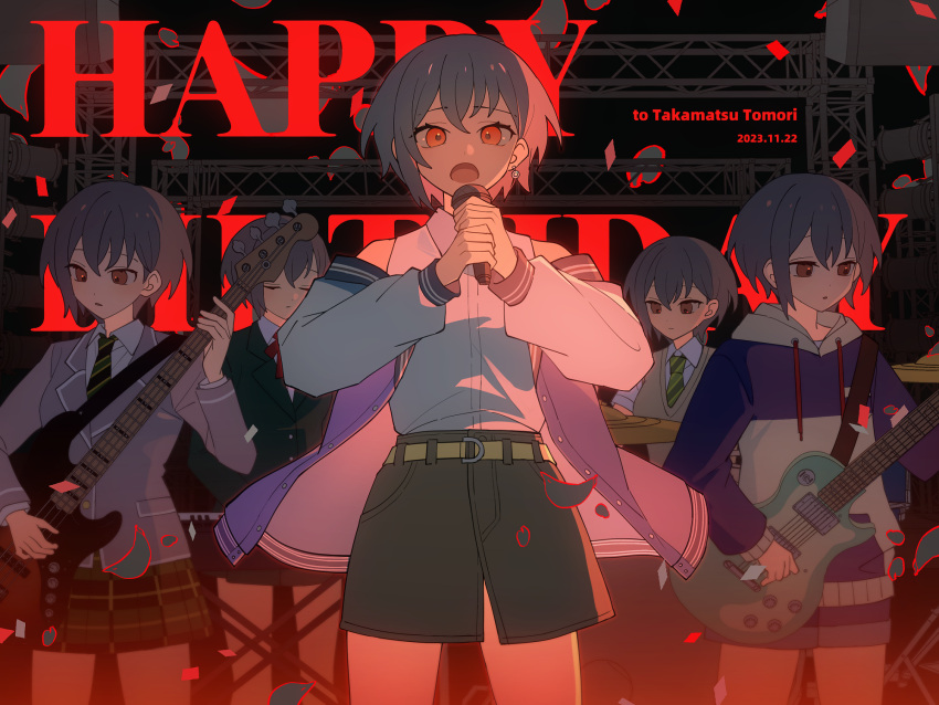 1girl bang_dream! bang_dream!_it's_mygo!!!!! bare_shoulders bass_guitar belt belt_buckle black_background black_hair black_jacket black_skirt blazer blue_hoodie blue_jacket blue_shorts brown_vest buckle buttons character_name closed_eyes closed_mouth collared_jacket collared_shirt confetti cowboy_shot dangle_earrings dated denim denim_shorts denim_skirt drum drum_set earrings electric_guitar english_text expressionless eyelashes green_necktie grey_hood grey_hoodie grey_jacket guitar haneoka_school_uniform happy_birthday highres holding holding_microphone hood hood_down hoodie idol instrument jacket jersey jewelry keyboard_(instrument) lapels light_frown long_sleeves microphone miniskirt multiple_views music necktie notched_lapels open_clothes open_jacket open_mouth parted_lips plaid plaid_skirt playing_guitar playing_instrument pleated_skirt red_eyes sakuraihum school_uniform shirt short_hair shorts singing single_earring skirt sleeveless sleeveless_shirt sphere_earrings stage striped_necktie takamatsu_tomori two-tone_hoodie v-neck vest white_shirt white_sleeves yellow_belt