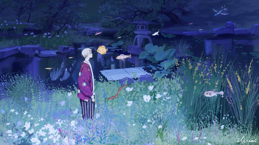 1boy artist_name black_pants blue_flower fish flower flying_fish grass hair_between_eyes highres illumi999 jacket looking_ahead nature open_mouth original outdoors pants purple_jacket shirt short_hair smile snake solo standing striped_clothes striped_pants tree water white_flower white_hair white_shirt