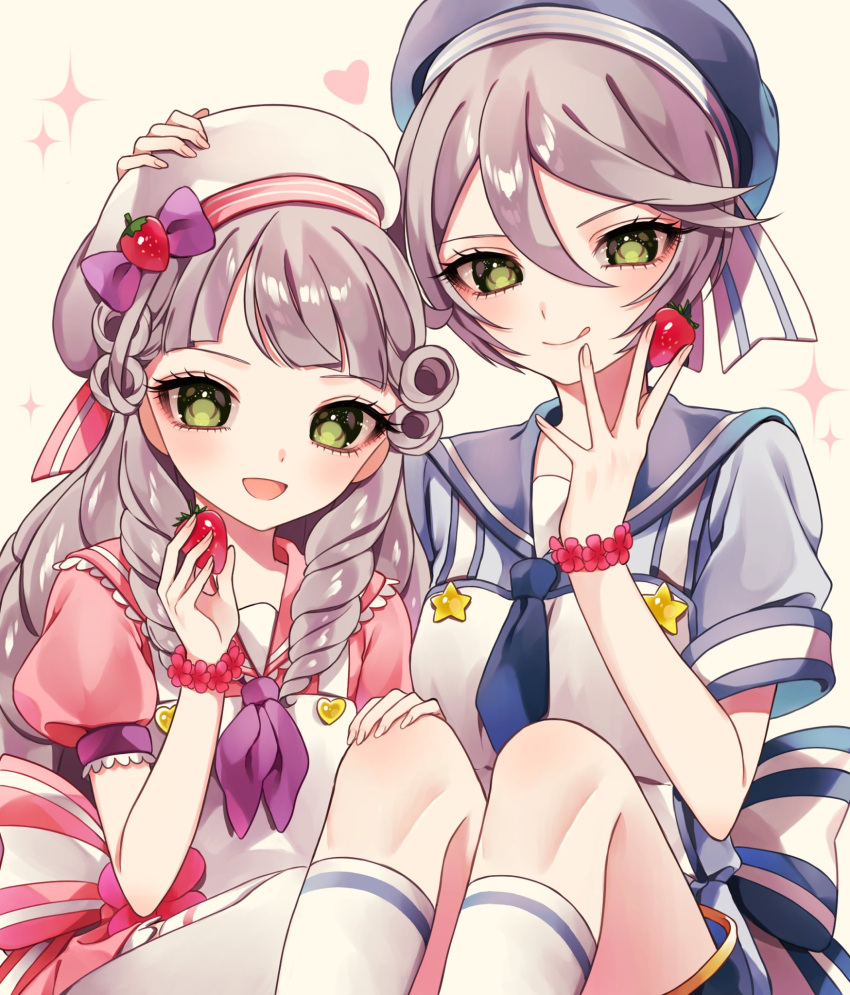 2girls :d ao_(ao0_0nemu) bad_id bad_twitter_id beret blue_hat blue_neckerchief blue_sailor_collar bracelet dress drill_hair dual_persona food fruit green_eyes grey_hair hair_between_eyes hand_on_another's_head hand_up hat highres holding holding_food jewelry knees_up long_hair looking_at_viewer multiple_girls neckerchief open_mouth pink_dress pretty_series pripara puffy_short_sleeves puffy_sleeves purple_neckerchief sailor_collar shikyoin_hibiki short_hair short_sleeves sitting smile strawberry white_hat