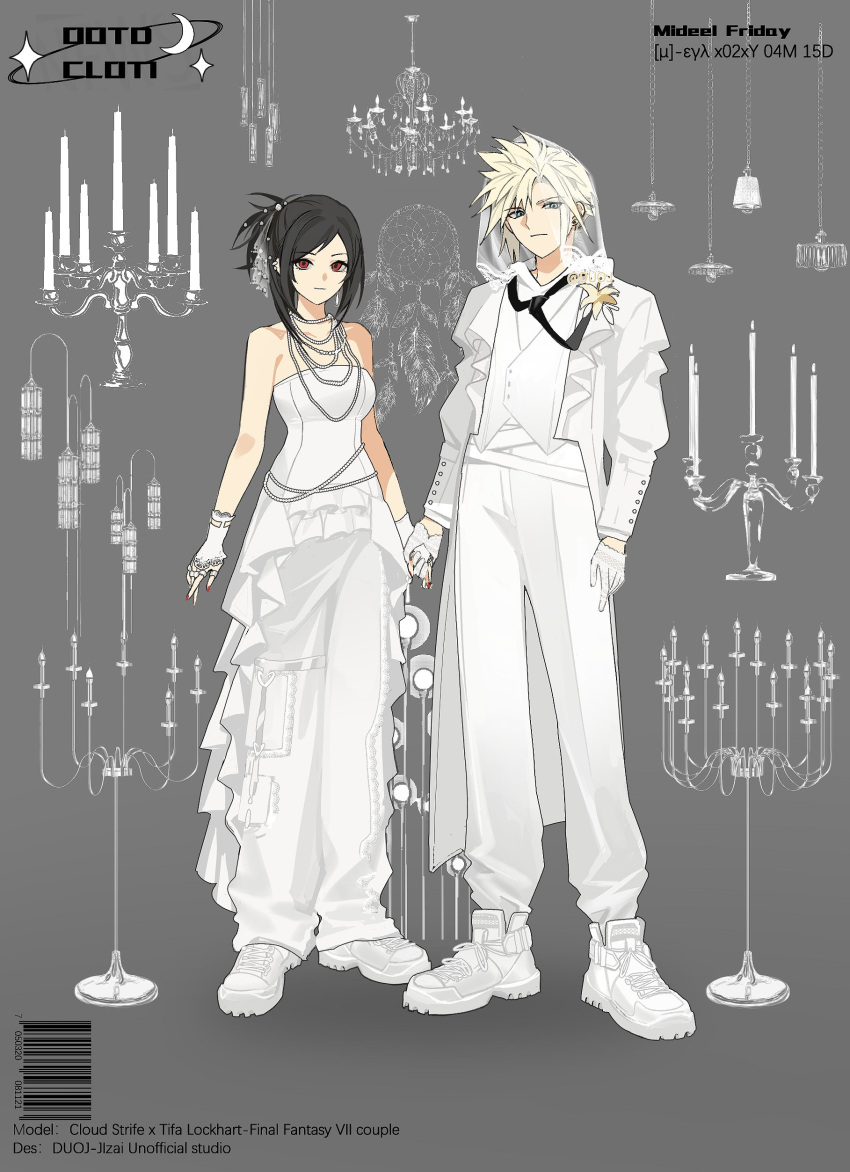 1boy 1girl absurdres alternate_costume alternate_hairstyle baggy_pants barcode bare_shoulders black_hair blonde_hair blue_eyes breasts candle candlelight closed_mouth cloud_strife commentary couple duoj_ji earrings fashion final_fantasy final_fantasy_vii final_fantasy_vii_rebirth final_fantasy_vii_remake flower frills full_body gloves hair_ornament hanging_light highres holding_hands jacket jewelry long_hair looking_at_viewer medium_breasts nail_polish necklace open_clothes open_jacket pants red_eyes red_nails ring shirt short_hair single_earring spiky_hair standing strapless strapless_shirt tifa_lockhart twitter_username veil vest white_footwear white_gloves white_jacket white_pants white_shirt white_theme white_vest yellow_flower