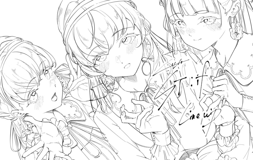 3girls :d alternate_costume blunt_bangs blunt_ends cerise_bouquet closed_mouth commentary crossed_bangs highres hinoshita_kaho kuziaaizuk lineart link!_like!_love_live! long_hair looking_at_viewer love_live! medium_hair momose_ginko monochrome multiple_girls neck_ribbon official_alternate_costume open_mouth otomune_kozue ribbon short_hair smile special_thanks_(love_live!) split_mouth unfinished virtual_youtuber
