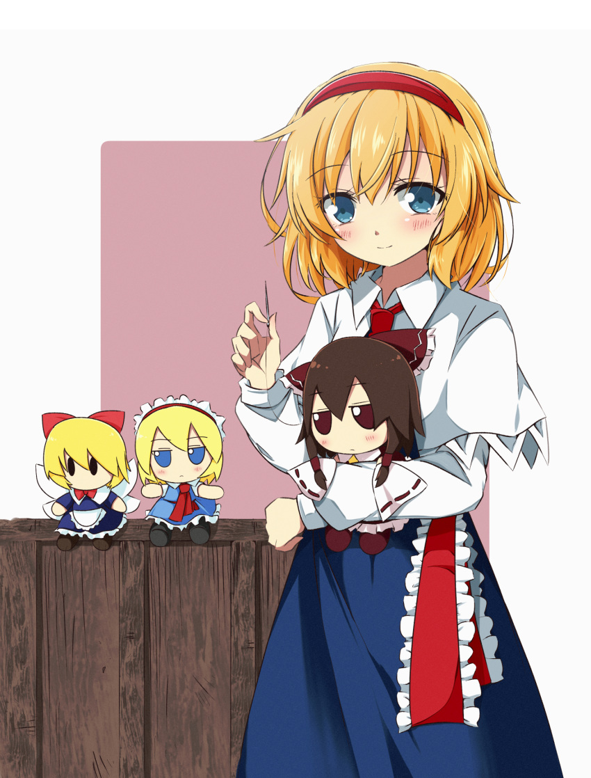 1girl alice_margatroid apron ascot blonde_hair blue_dress blue_eyes blush bow brown_hair capelet character_request closed_mouth commentary_request doll dress frilled_bow frilled_hairband frills fumo_(doll) hair_bow hair_tubes hairband hakurei_reimu highres holding holding_needle lolita_hairband long_sleeves looking_at_viewer medium_hair needle red_ascot red_bow red_eyes red_hairband ribbon-trimmed_sleeves ribbon_trim short_hair smile solo thread touhou tsuukinkaisoku_oomiya waist_apron white_apron white_capelet wings