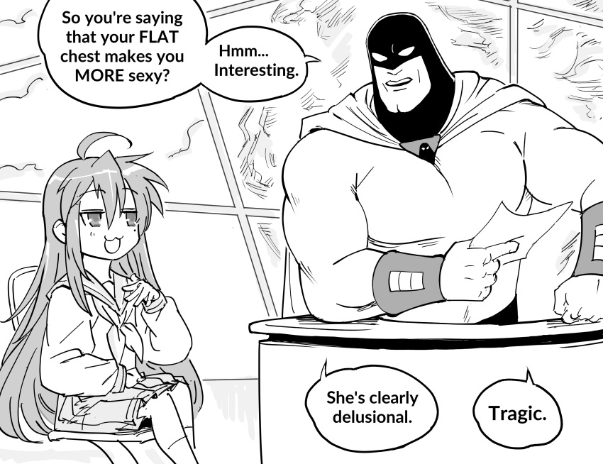 1boy 1girl :3 :d absurdres ahoge bb_(baalbuddy) bodysuit cape chair crossover desk english_commentary english_text greyscale highres izumi_konata jitome long_hair long_sleeves looking_at_another lucky_star monochrome pleated_skirt sitting skirt smile space_ghost space_ghost_(series) speech_bubble superhero_costume