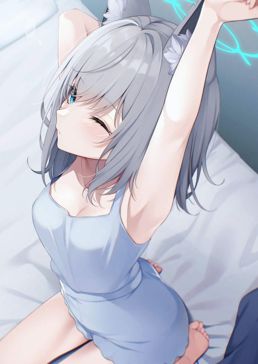 1girl absurdres animal_ear_fluff animal_ears armpits arms_up blue_archive blue_camisole blue_eyes blue_halo blue_shorts camisole commentary_request grey_hair halo highres long_hair on_bed one_eye_closed sasakichi_(ssk_chi) seiza shiroko_(blue_archive) shorts sitting solo stretching wolf_ears
