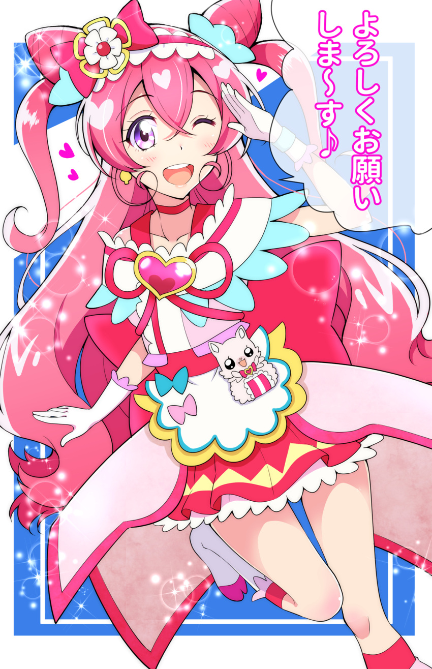 1girl boots bow brooch choker commentary cone_hair_bun cure_precious delicious_party_precure double_bun dress earrings frilled_hairband frills gloves hair_bow hair_bun hairband half-dress heart heart_brooch highres jewelry kaatsu_katsurou knee_boots kome-kome_(precure) leg_up long_hair looking_at_viewer magical_girl miniskirt nagomi_yui neck_ribbon one_eye_closed open_mouth pink_dress pink_hair pleated_skirt precure red_bow red_choker red_hairband red_ribbon red_skirt ribbon salute skirt smile solo sparkle standing standing_on_one_leg translated two_side_up very_long_hair violet_eyes white_footwear white_gloves
