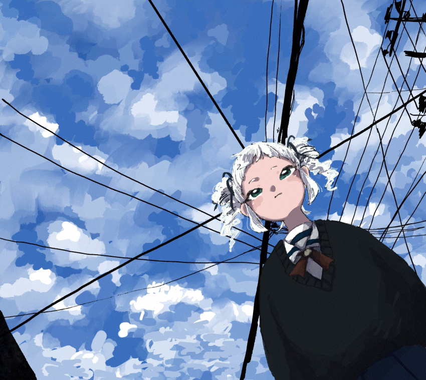 1girl aikatsu! aikatsu!_(series) arms_at_sides black_sweater blue_skirt blue_sky clouds cloudy_sky commentary_request cowboy_shot drill_hair dutch_angle from_below green_eyes half-closed_eyes highres long_sleeves neck_ribbon osouzai-kun outdoors power_lines red_ribbon ribbon sailor_collar short_bangs short_eyebrows short_hair sidelocks skirt sky solo standing sweater todo_yurika twin_drills white_hair white_sailor_collar