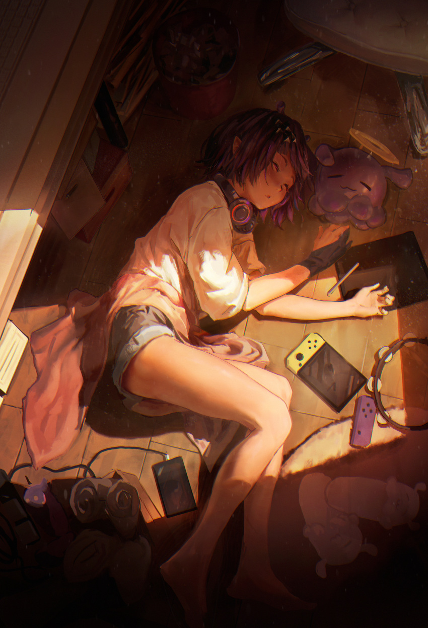 1girl absurdres black_gloves blanket blue_shorts cellphone chair closed_eyes commentary curled_up denim denim_shorts english_commentary gloves hair_ornament hairclip headphones headphones_around_neck highres hololive hololive_english indoors instrument kokono_ka lying ninomae_ina'nis nintendo_switch official_alternate_hairstyle on_floor on_side partially_fingerless_gloves phone pointy_ears purple_hair rug shirt short_hair short_shorts shorts shorts_rolled_up single_glove sleeping slippers smartphone solo stylus t-shirt tablet_pc takodachi_(ninomae_ina'nis) tambourine trash_can triangle_mouth virtual_youtuber white_shirt window_shadow wooden_floor