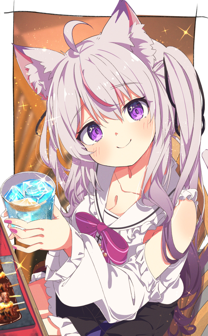 1girl absurdres ahoge animal_ear_fluff animal_ears black_skirt blush bow cat_ears collarbone commission cup food highres holding holding_cup long_hair looking_at_viewer shiro9jira shirt side_ponytail skeb_commission skirt smle solo very_long_hair violet_eyes white_shirt
