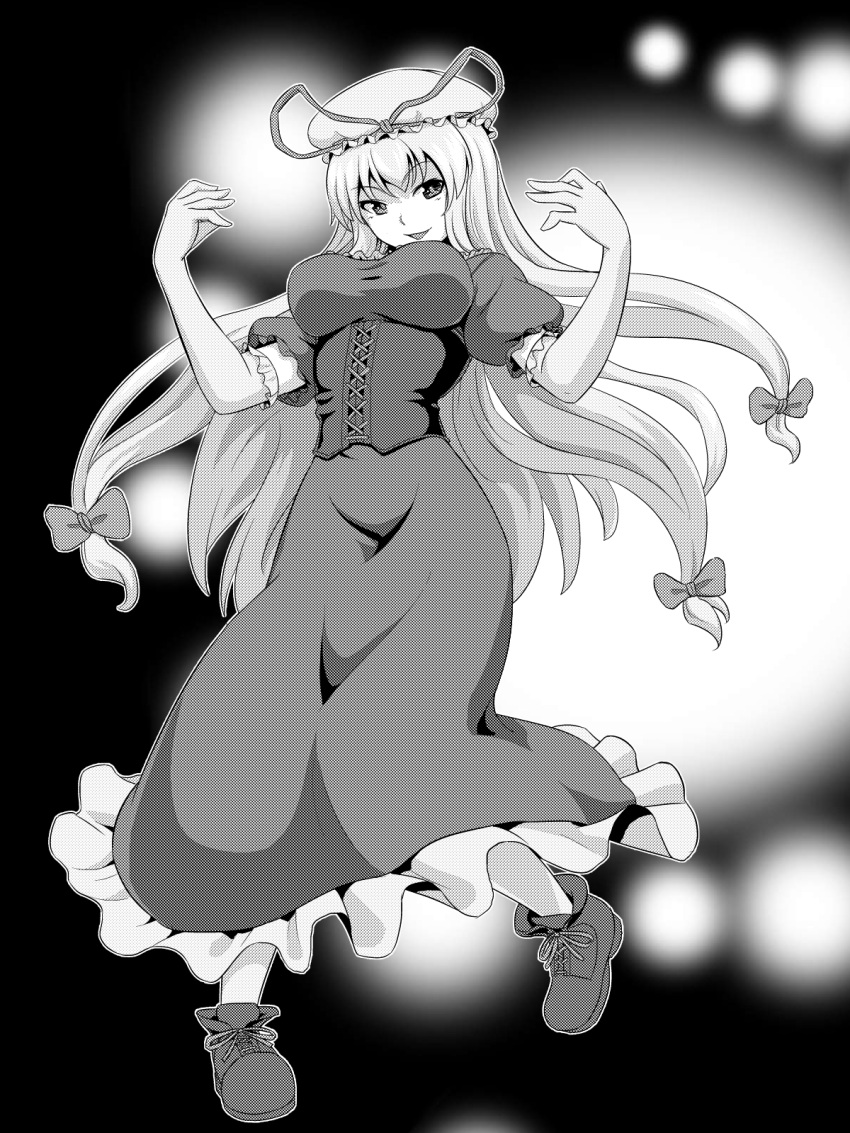 1girl bow breasts commentary_request frilled_skirt frills full_body greyscale hair_bow hat hat_ribbon highres kakone large_breasts long_hair long_skirt looking_at_viewer low-tied_long_hair mob_cap monochrome open_mouth ribbon shoes short_sleeves skirt smile solo touhou yakumo_yukari