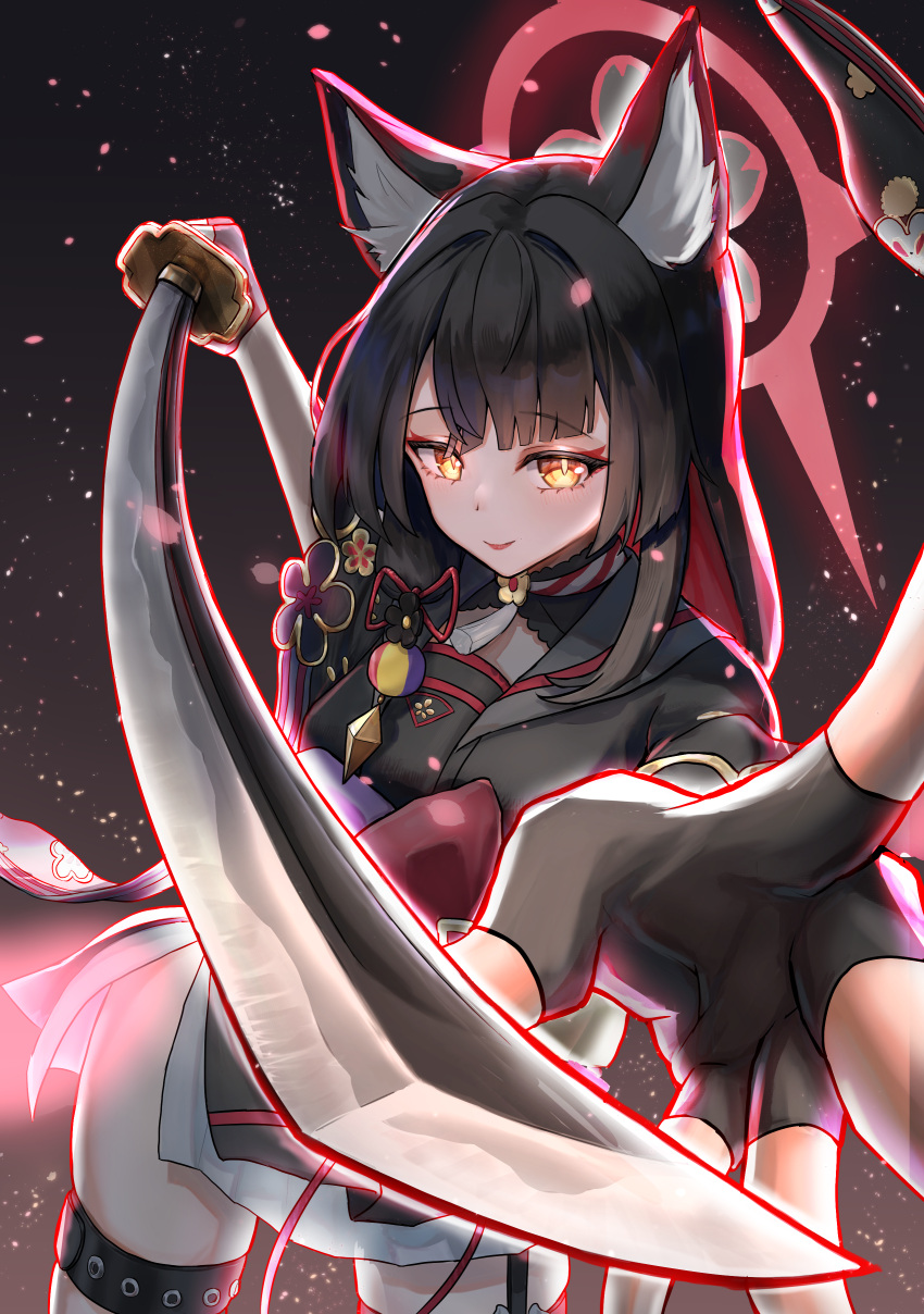 1girl absurdres aiming aiming_at_viewer animal_ears black_flower black_gloves black_hair black_kimono blue_archive blush eyeshadow fingerless_gloves flower fox_ears fox_girl gloves hair_flower hair_ornament halo hands_up highres holding holding_sword holding_weapon japanese_clothes katana kimono leaning_forward long_hair makeup multicolored_hair red_eyeshadow red_halo redhead slit_pupils smile solo sword thigh_strap two-tone_hair very_long_hair wakamo_(blue_archive) weapon yellow_eyes yukikamaboko