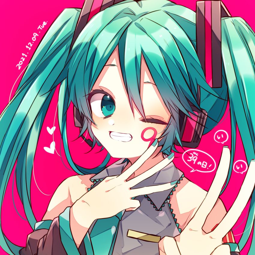 1girl 39 blue_eyes blue_hair collared_shirt dated detached_sleeves grin hatsune_miku headphones headset highres kaho_0102 long_hair long_sleeves looking_at_viewer middle_w nail_polish necktie one_eye_closed pink_background shirt sleeveless sleeveless_shirt smile solo twintails v vocaloid w