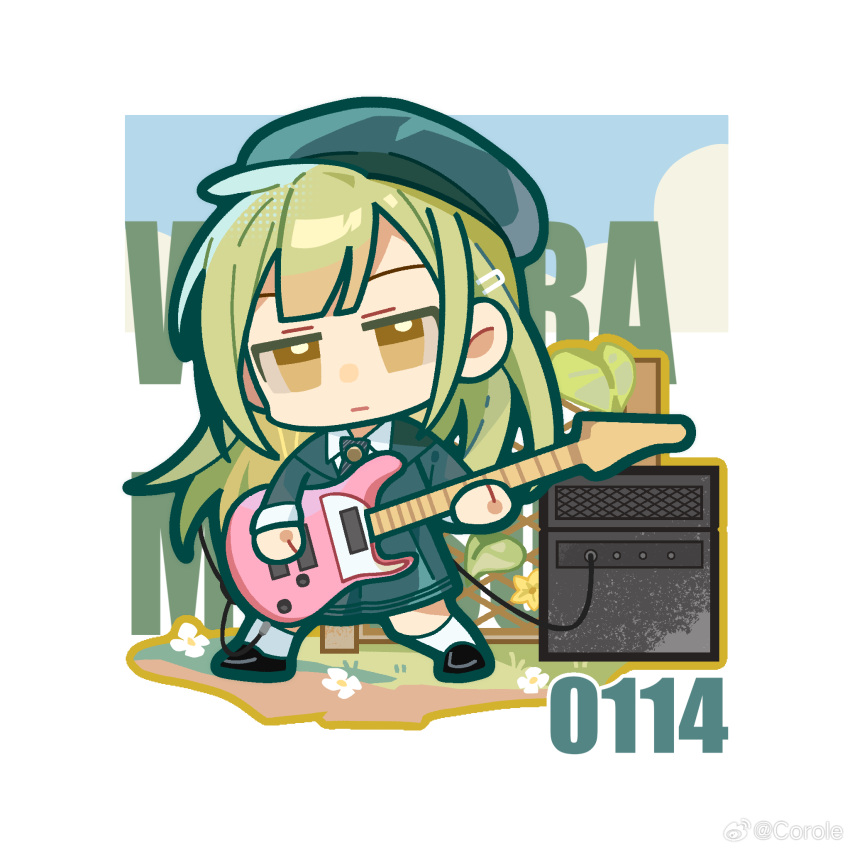 1girl amplifier bang_dream! bang_dream!_it's_mygo!!!!! black_coat black_footwear blue-framed_eyewear character_name chibi chinese_commentary closed_mouth coat collared_shirt commentary_request dated electric_guitar english_commentary full_body green_hair guitar hair_ornament hairclip highres holding holding_guitar holding_instrument instrument leaf long_hair long_sleeves looking_at_viewer mixed-language_commentary outdoors shirt socks solo wakaba_mutsumi white_shirt white_socks yellow_eyes yui_k_(yuik48074789)