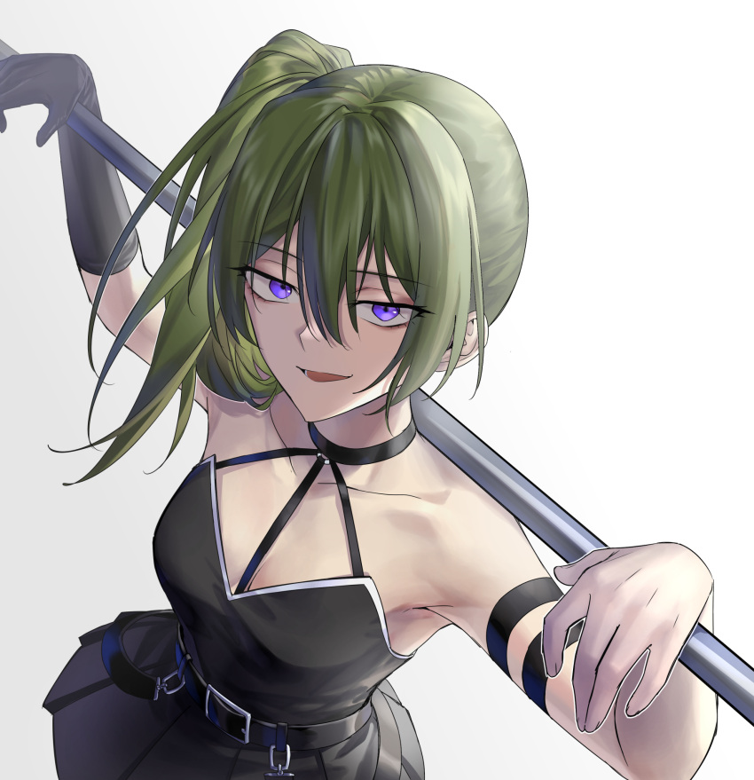 1girl arm_strap armlet bare_shoulders belt black_belt black_choker black_dress black_gloves breasts choker commentary dress english_commentary gloves gradient_background green_hair hair_between_eyes highres holding holding_staff long_hair looking_at_viewer o-ring o-ring_choker pleated_dress side_ponytail simple_background single_glove smile solo sousou_no_frieren staff suprii ubel_(sousou_no_frieren) violet_eyes