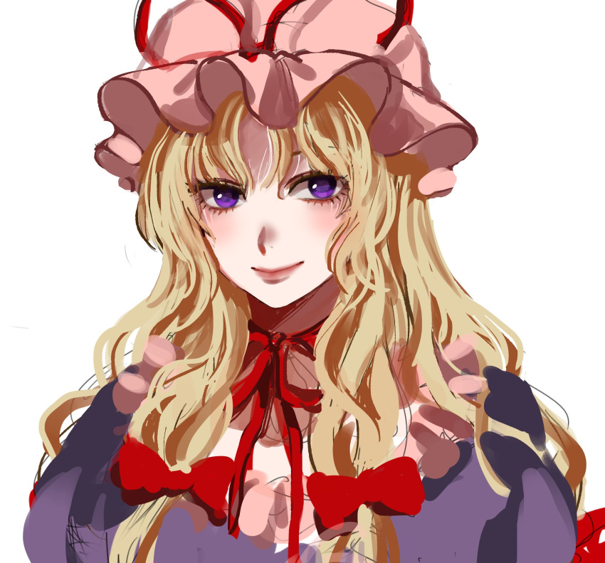 1girl blonde_hair bow closed_mouth commentary_request dress frills hair_between_eyes hair_bow hat hat_ribbon highres korean_commentary kuya_(hey36253625) lips long_hair looking_at_viewer mob_cap neck_ribbon pink_hat puffy_short_sleeves puffy_sleeves purple_dress red_bow red_ribbon ribbon short_sleeves sidelocks simple_background smile solo touhou upper_body violet_eyes wavy_hair white_background yakumo_yukari