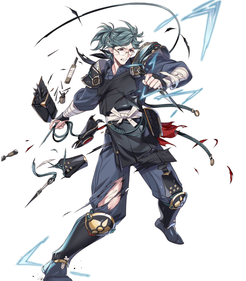 1boy bandaged_arm bandages breasts clenched_teeth damaged fire_emblem fire_emblem_fates fire_emblem_heroes glasses grey_eyes grey_hair highres japanese_clothes kunai medium_breasts non-web_source official_art round_eyewear solo teeth torn_clothes v-shaped_eyebrows weapon yukimura_(fire_emblem)