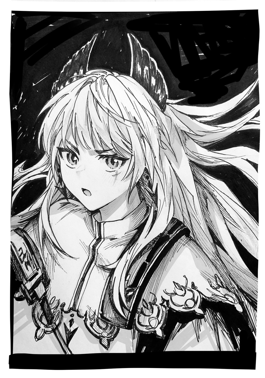 1girl arknights ashi_(dongshi389) capelet greyscale highres irene_(arknights) long_hair long_sleeves looking_at_viewer monochrome open_mouth puffy_long_sleeves puffy_sleeves scar scar_across_eye sidelocks solo upper_body very_long_hair