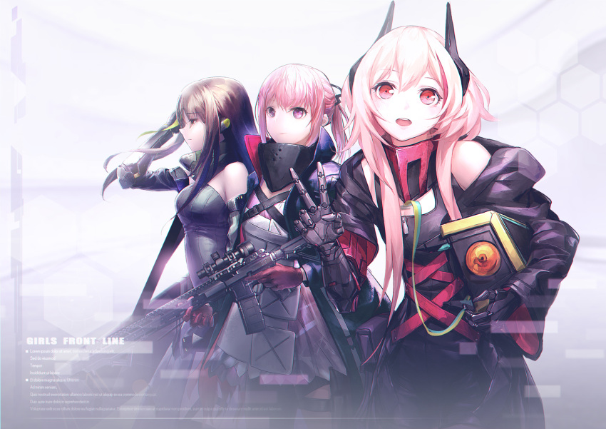 3girls ar-15 banana_(girls'_frontline) brown_hair closed_mouth copyright_name girls_frontline gloves gun headgear highres holding holding_gun holding_weapon long_hair looking_at_viewer m4_sopmod_ii_(girls'_frontline) m4_sopmod_ii_(mod3)_(girls'_frontline) m4a1_(girls'_frontline) m4a1_(mod3)_(girls'_frontline) mechanical_arms multiple_girls open_mouth pink_hair purple_gloves red_eyes rifle robot scope shou_xian_wu st_ar-15_(girls'_frontline) st_ar-15_(mod3)_(girls'_frontline) teeth upper_teeth_only v violet_eyes weapon