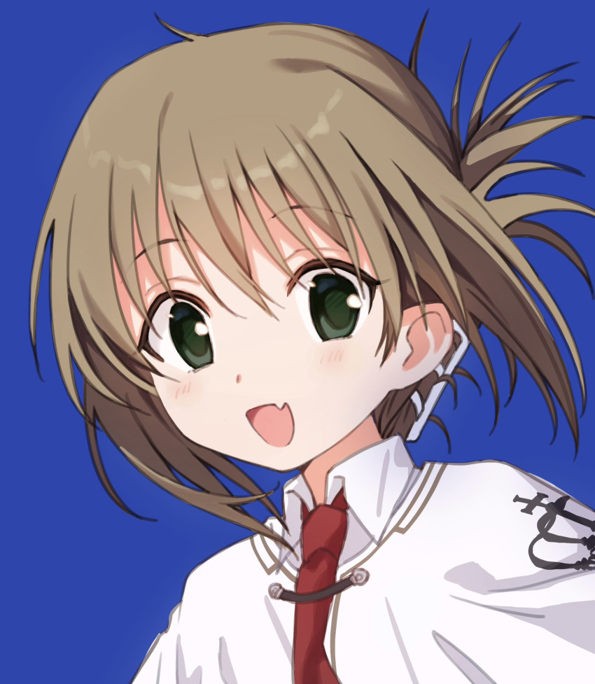1girl :d blue_background blush brown_hair capelet close-up collared_shirt commentary_request crown_print fang folded_ponytail green_eyes hair_between_eyes hair_ornament hairclip happy highres kashuu_(pixiv_66328082) looking_at_viewer medium_hair necktie open_mouth red_necktie school_uniform shirt simple_background skin_fang smile solo subarashiki_hibi tachibana_kimika white_capelet