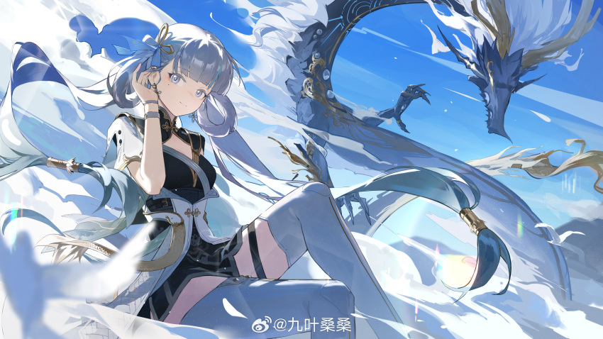 1girl absurdres blue_sky chinese_clothes cleavage_cutout clothing_cutout clouds day dragon earrings grey_eyes hair_ornament hand_on_own_ear highres jewelry jinxi_(wuthering_waves) jiu_ye_sang light_smile long_hair looking_at_viewer mole mole_under_eye pale_color sky thigh_strap thighs white_hair wuthering_waves