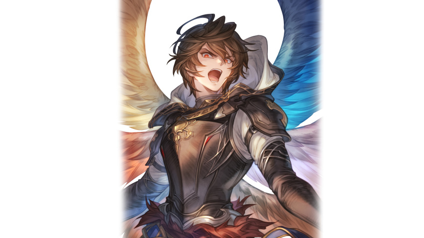 absurdres ahoge angry armor bishounen blue_wings breastplate brown_hair brown_wings cowboy_shot english_commentary game_cg glowing glowing_eyes granblue_fantasy granblue_fantasy:_relink highres hood hood_down looking_at_viewer male_focus messy_hair minaba_hideo multiple_wings official_art open_mouth red_eyes red_wings sandalphon_(granblue_fantasy) short_hair shoulder_armor third-party_source transparent_background upper_body white_wings wings